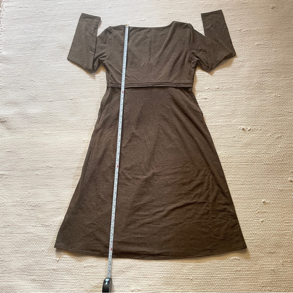 Ann Taylor LOFT Brown Stretchy Midi Tie Front Dress Side Zip 3/4 Sleeves Size 2P - Picture 7 of 10